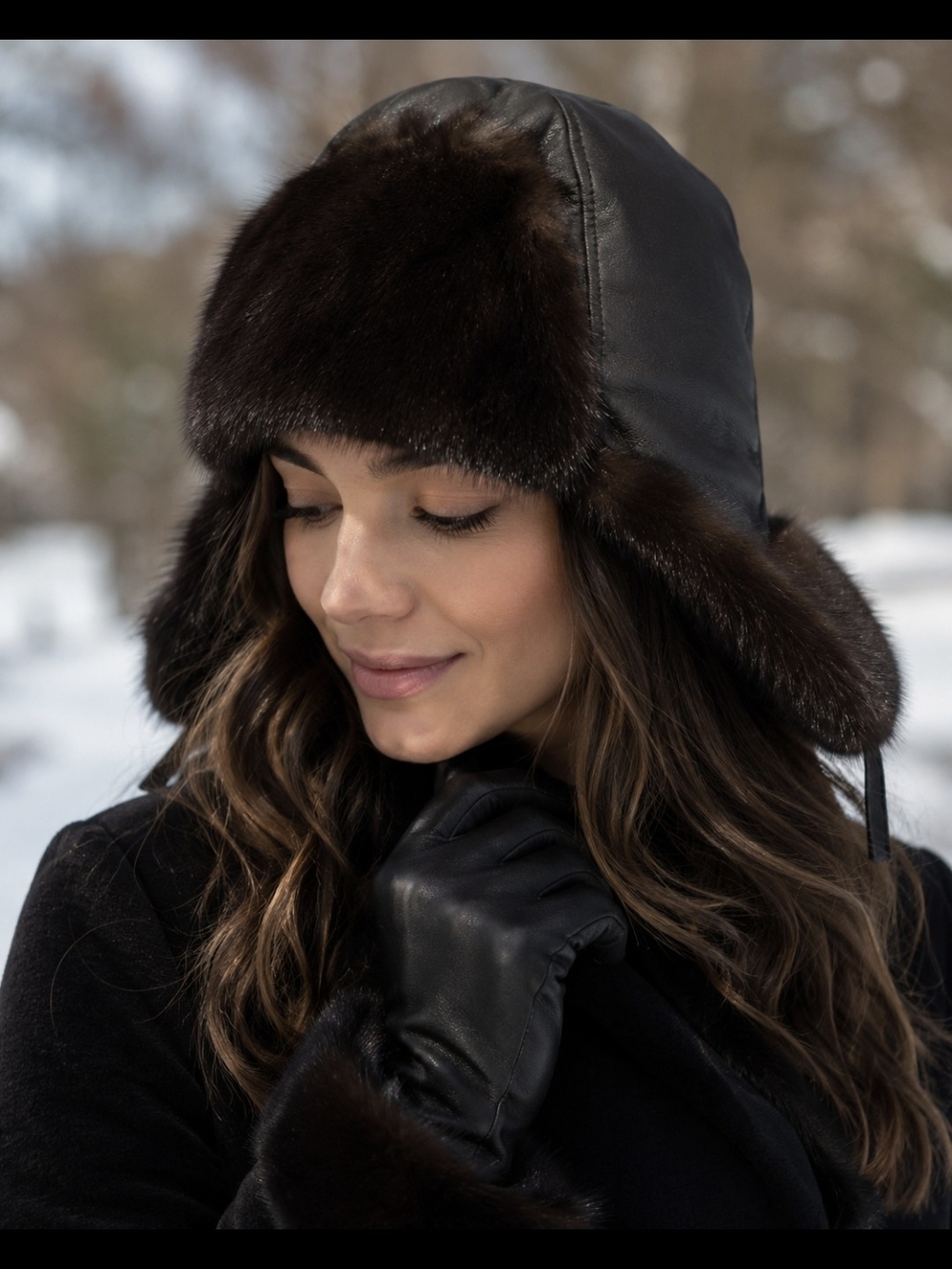Women's Dark Brown Fur-Trim Leather Aviator Hat